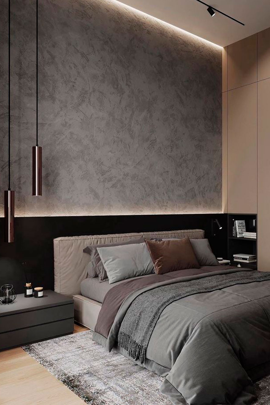 Arabesk decorative plaster in the bedroom Maxima-decor